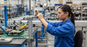 A worker in a manufacturing environment adjusting their workstation height to ensure proper posture and reduce strain