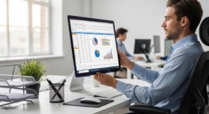 An office worker adjusting their computer monitor to eye level for better ergonomic alignment