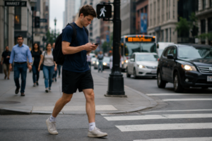 A distracted pedestrian walking while texting near a crosswalk in a busy downtown area