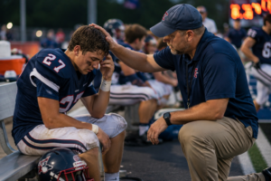 A football player sitting on the sidelines while a coach checks on him during a game