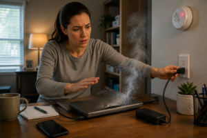 Person safely unplugging a device after noticing signs of an overheating lithium-ion battery