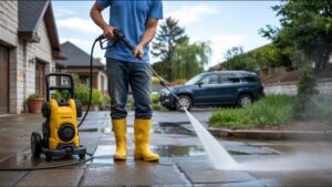 Homeowner inspecting pressure washer equipment while wearing protective gear before cleaning